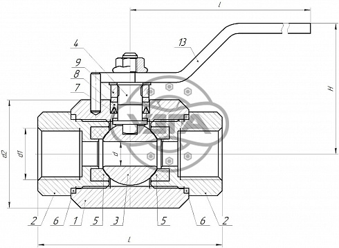Кран шаровой разборный трехсоставной муфтовый Dn10 Pn100 09Г2С 11лс45п